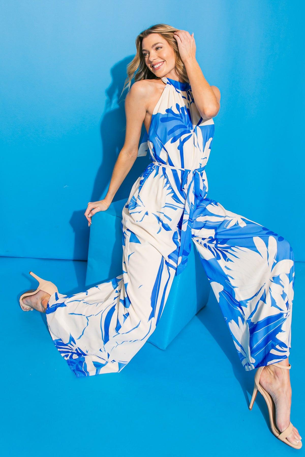 Vacation Jumpsuit Printed Woven Bare Back Halter Neck Back Tie Wide Leg