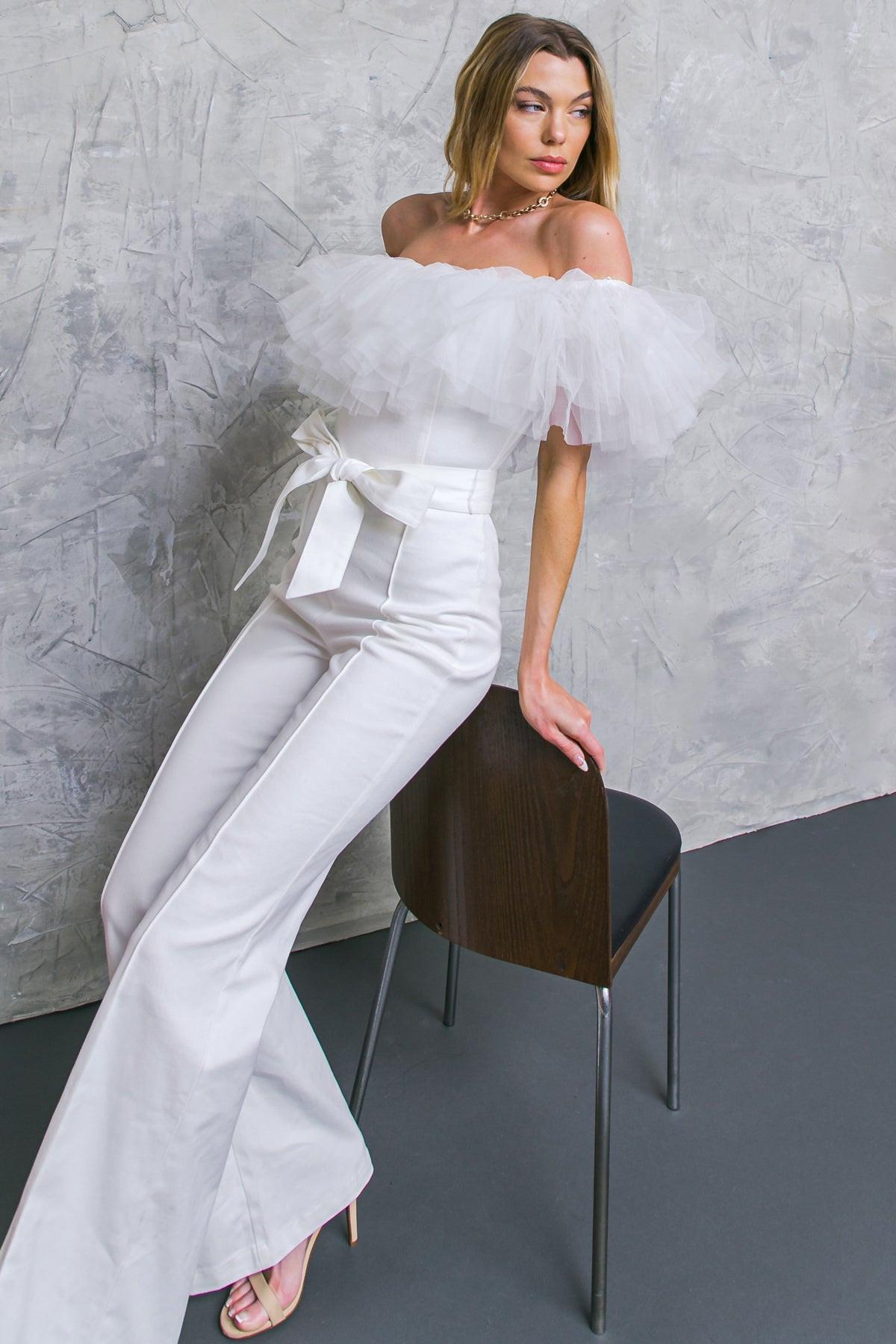 White Denim Jumpsuit With Off Shoulder Tulle Flounce Back Zipper Flare Pants