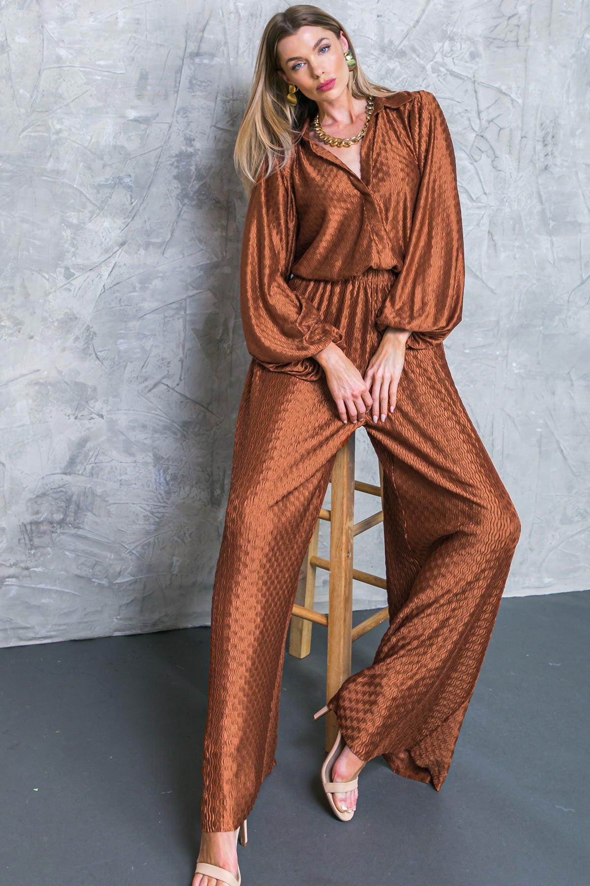 Regal Romance Woven Top with Shirt Collar Long Sleeves Elastic Waist
