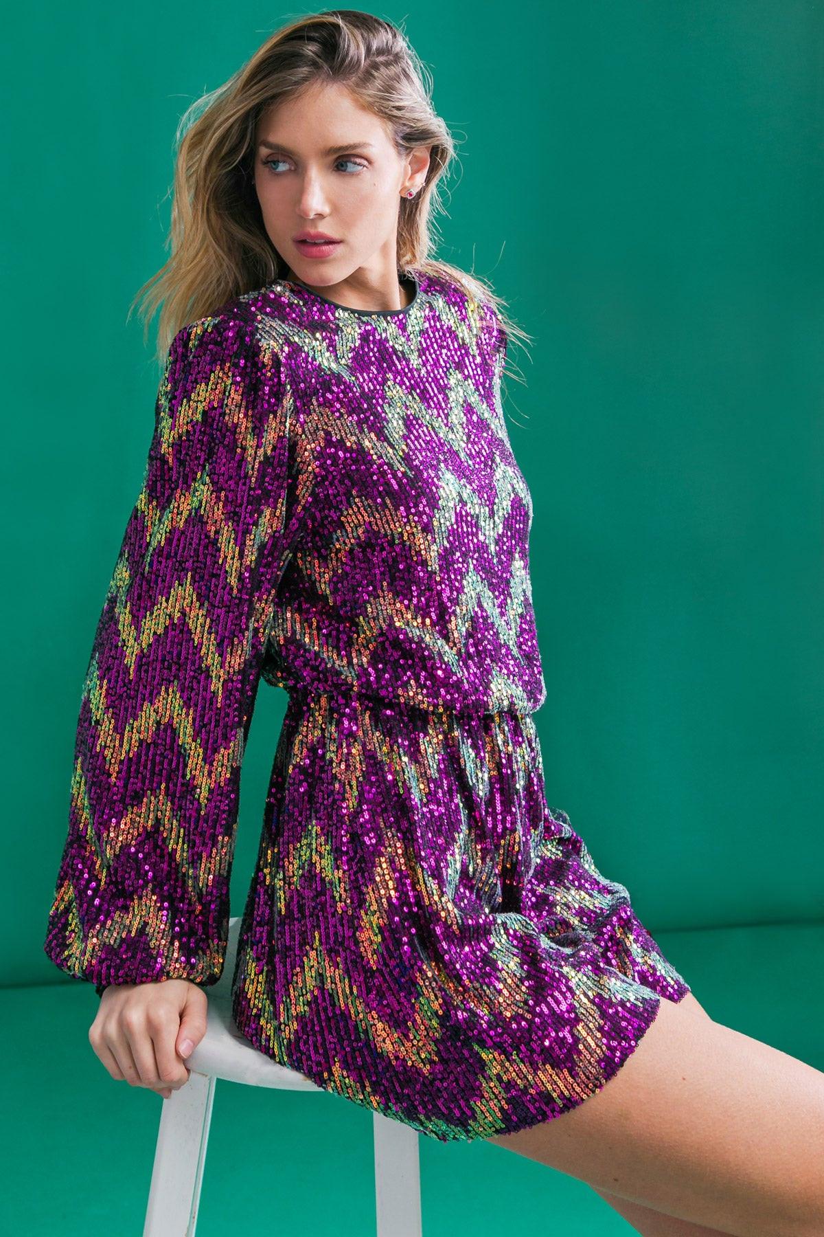 Real Allure Sequin Romper With Round Neckline Elastic Waist And Sleeves