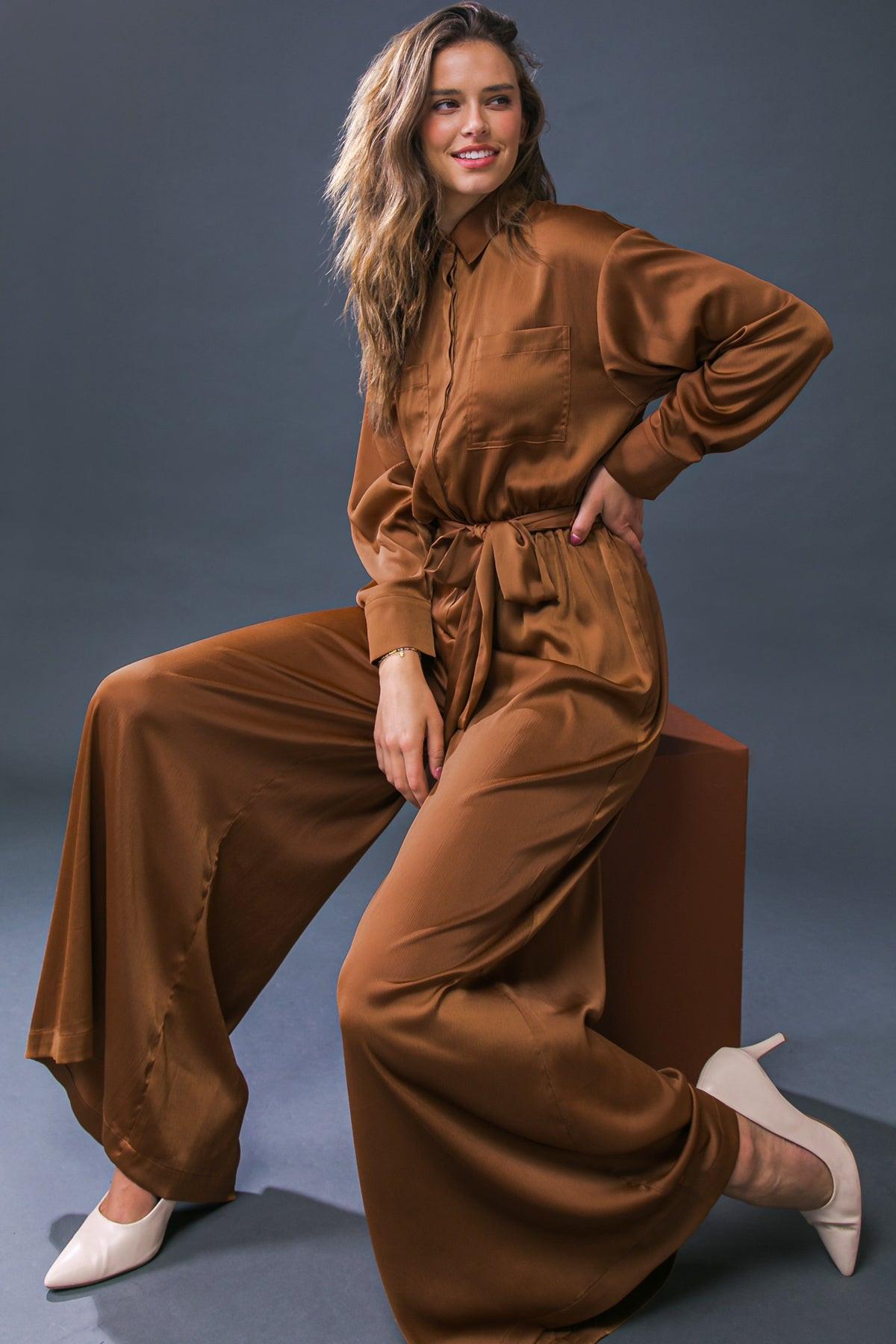 Simply Trendy Solid Woven Jumpsuit With Shirt Collar And Self Tie