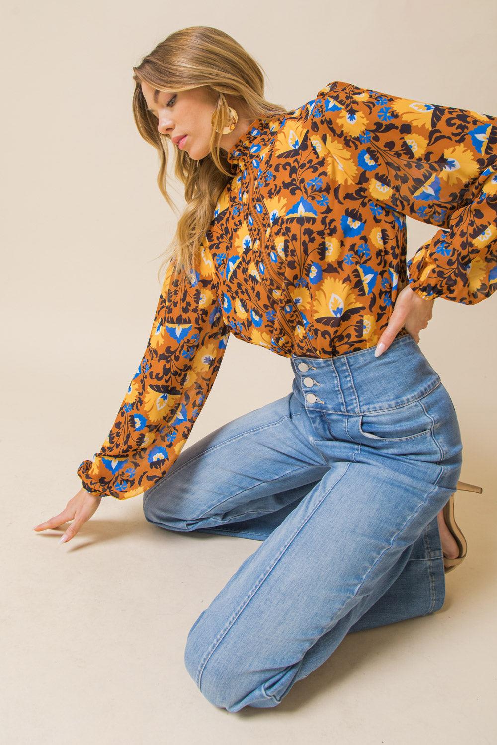 Overthinking It Woven Top With High Neckline And Ruffled Peasant Sleeves