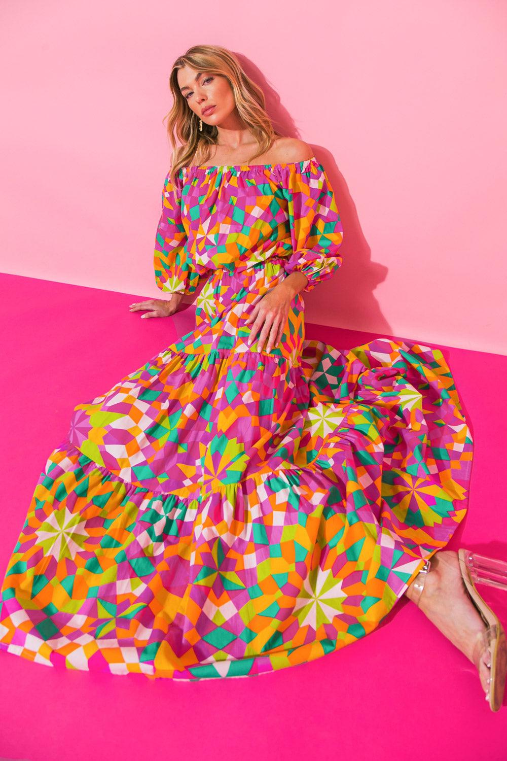 The Flower Fields Woven Top Off Shoulder Peasant Sleeve Printed Poplin