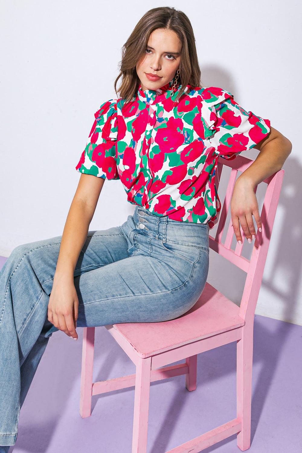 I Can Wait Forever Printed Woven Top With High Ruffled Neckline