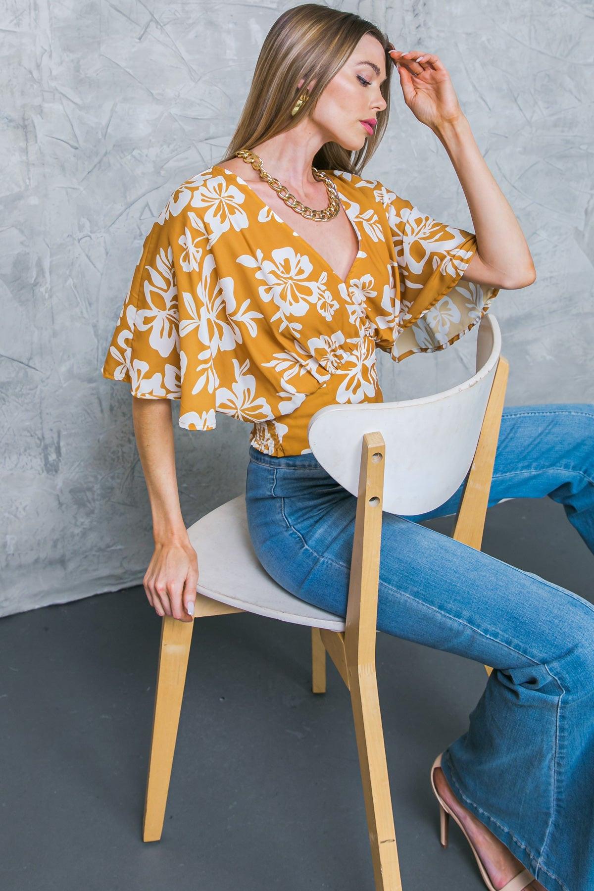 Let The Light In Brown Woven Top With Elbow Sleeves And Smocked Back Waistband