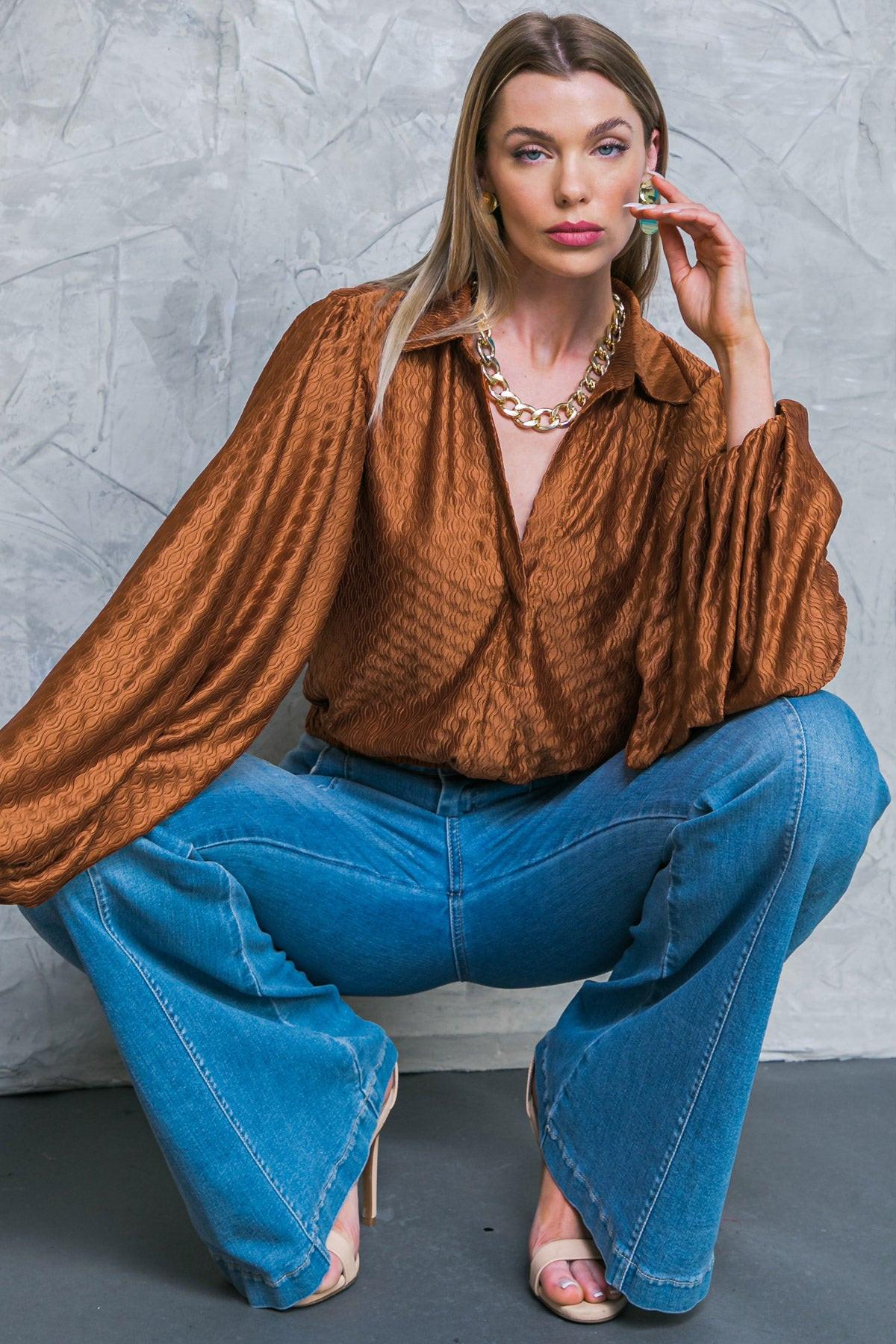 Regal Romance Woven Top with Shirt Collar Long Sleeves Elastic Waist