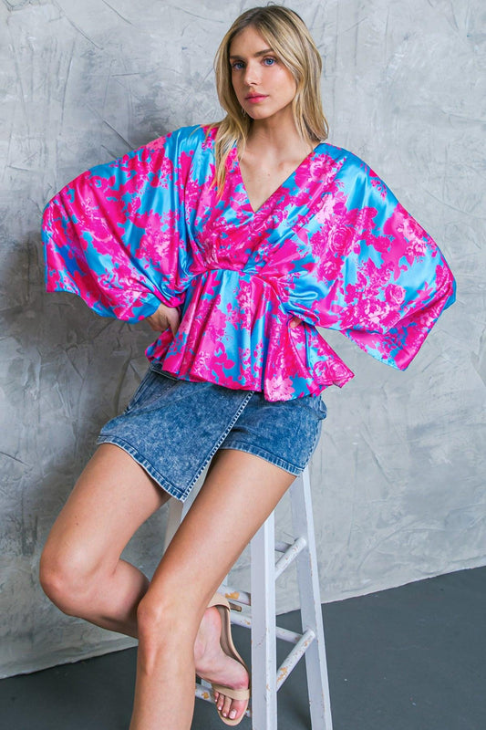 Blue Woven Top With V Neck Pleated Peplum Long Kimono Sleeves
