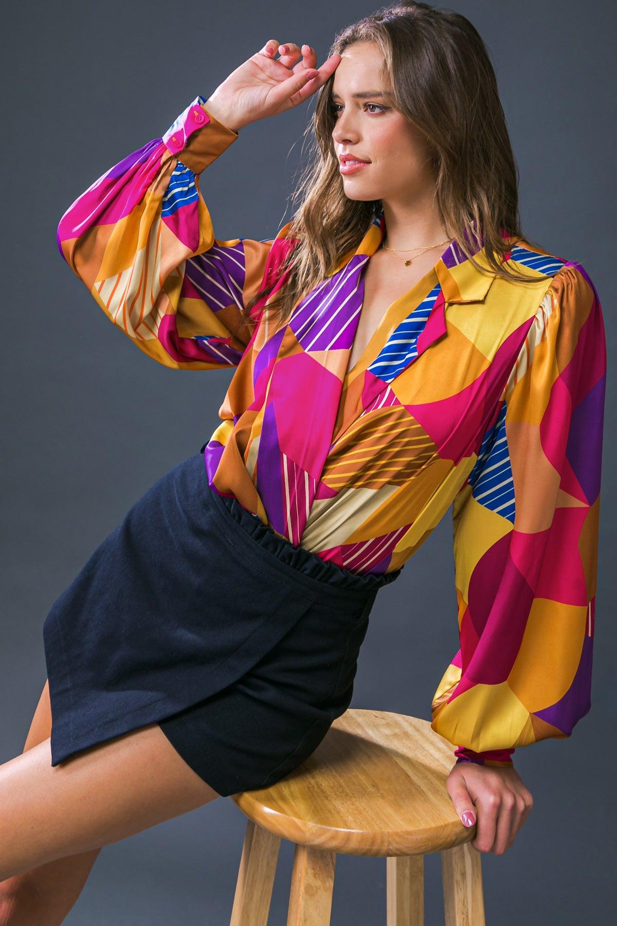 New In Town Woven Bodysuit With Blazer Collar And Surplice Neckline