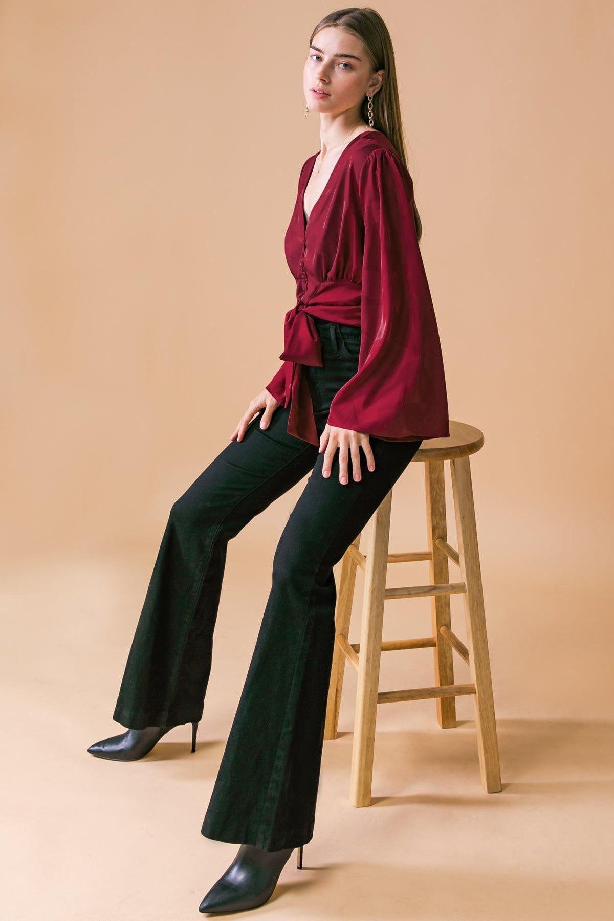 The Right Addition Jacquard Woven Top With Button Down And V Neckline