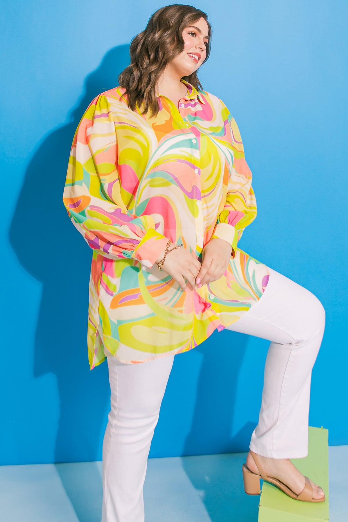 Magic Island Printed Woven Top With Shirt Collar And Button Down Front