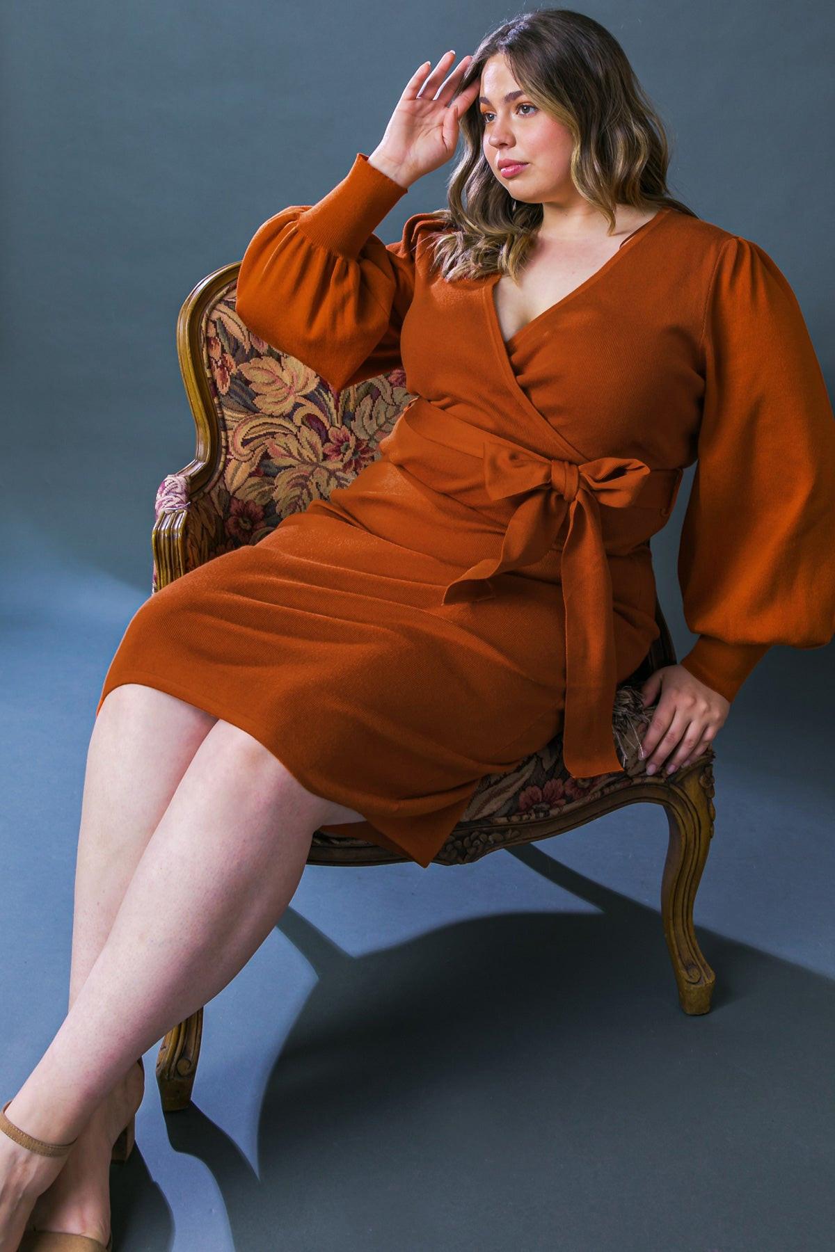 Adorable Ideal Sweater Midi Dress With Surplice Neckline Blouson Sleeves