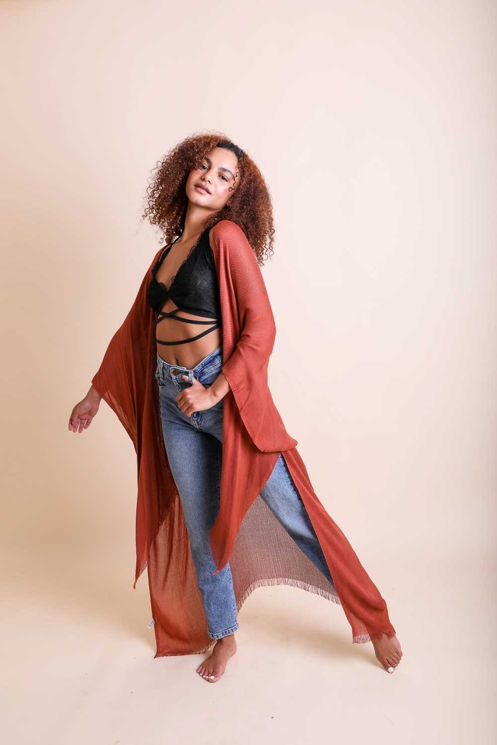 Frayed Trim Kimono-Soul Flow Apparel