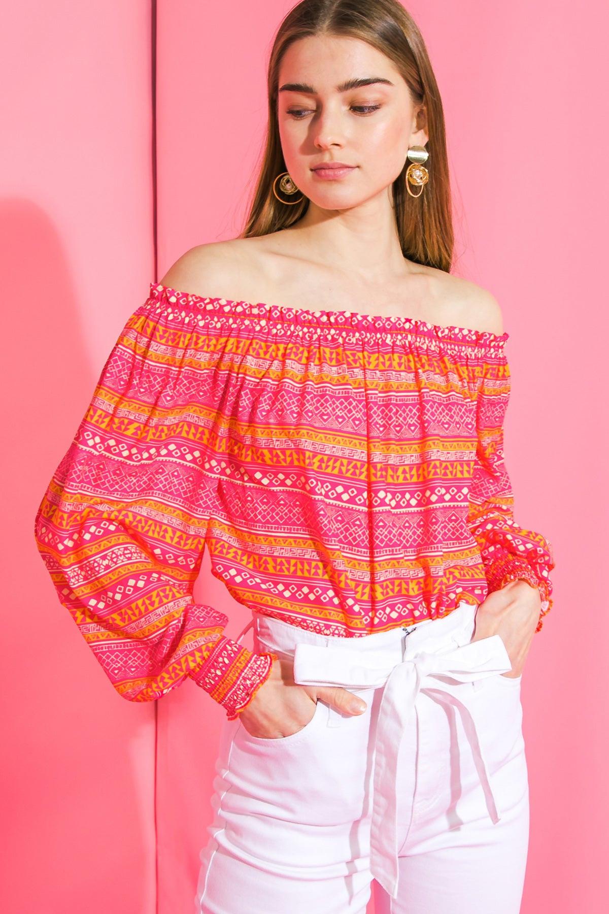 Cosmo Please Woven Top Off Shoulder Printed Lightweight Spring Top Smocked Cuff
