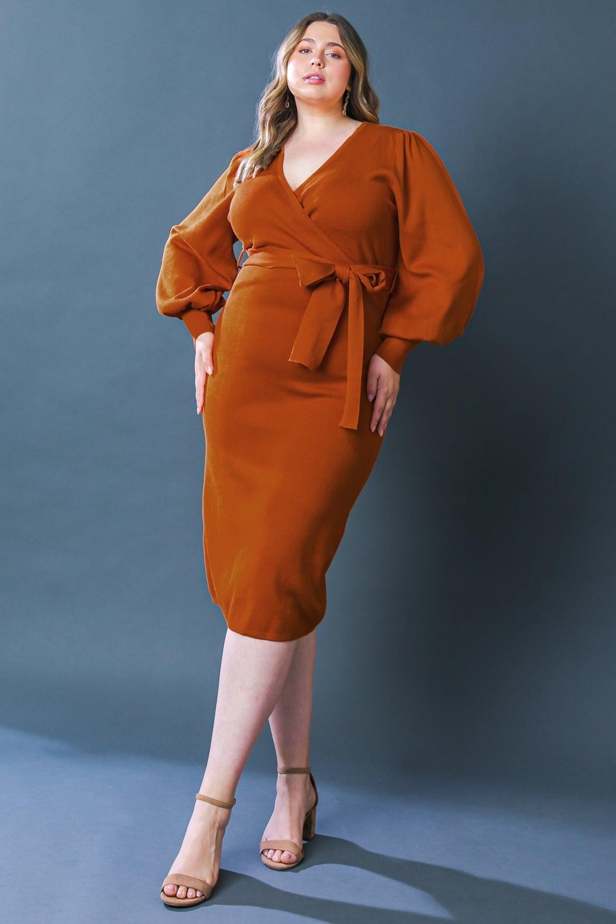 Adorable Ideal Sweater Midi Dress With Surplice Neckline Blouson Sleeves