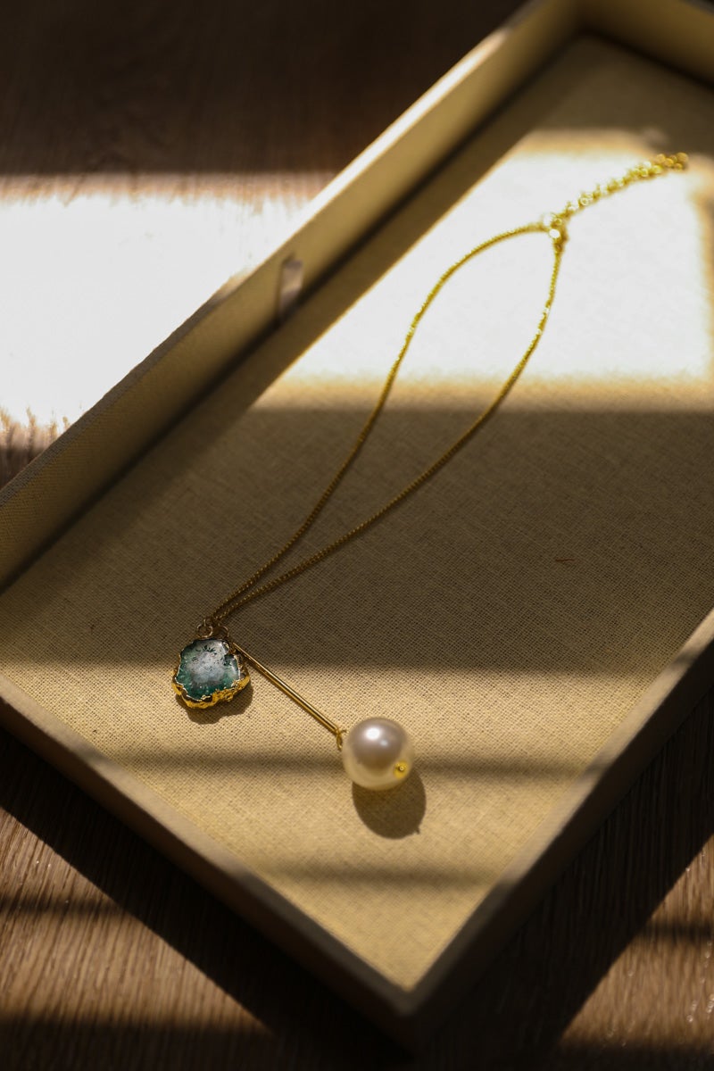 Leto Collection gold chain Boho Necklace, Boho Chic Jewelry, Spiritual with aqua gemstone and pearl pendant in gift box
