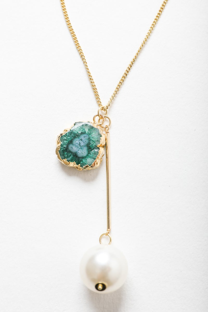 Leto Collection gold necklace with green druzy and long bar drop ending in white pearl Boho Necklace, Boho Chic Jewelry, Spiritual