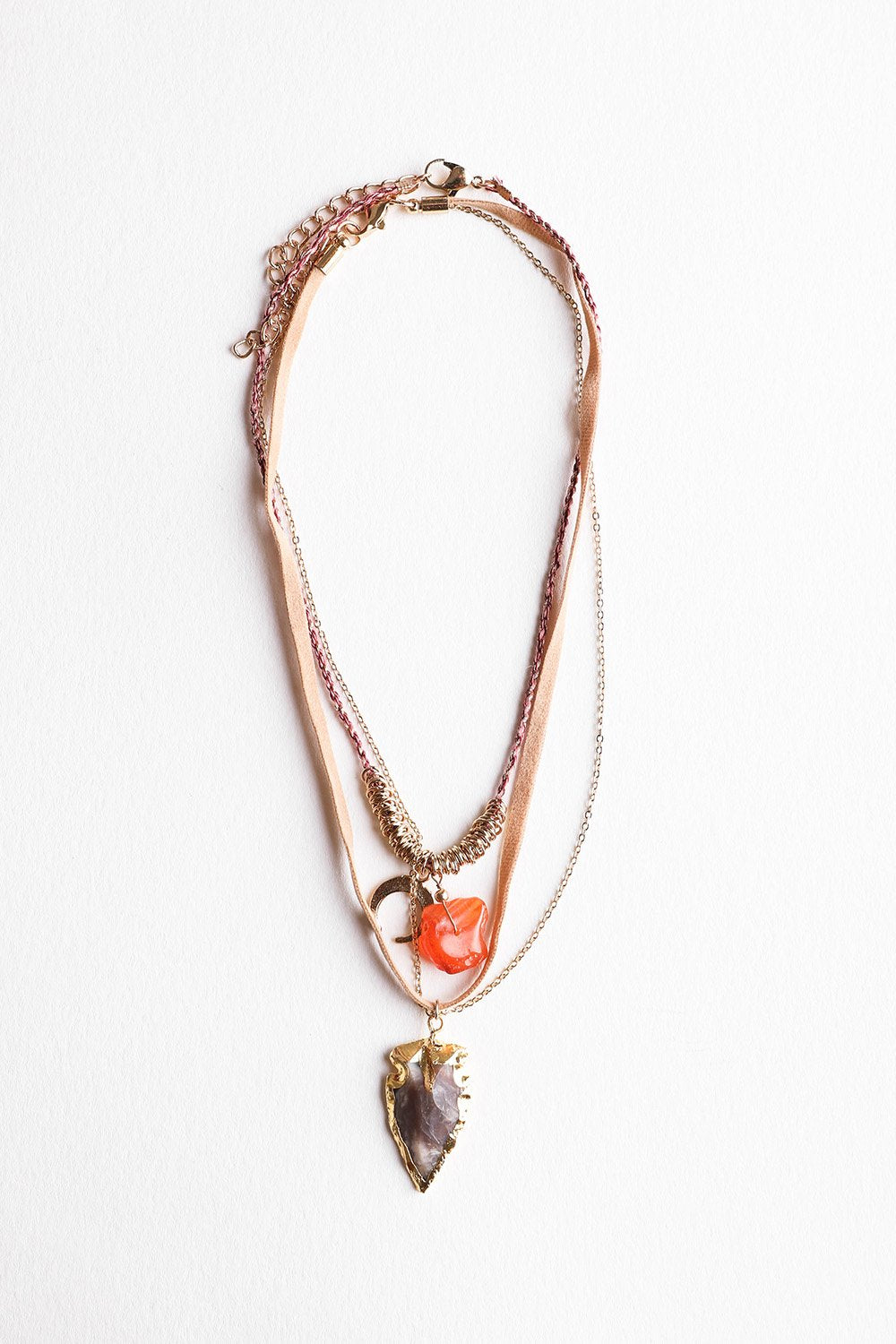 Leto Collection Boho Necklace, Boho Chic Jewelry, Spiritual layered necklace with leather ribbon orange bead and stone pendant