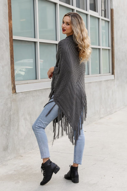 High Neck Multi-Tasseled Poncho Ponchos