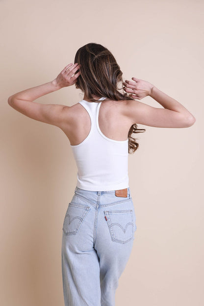Leto Collection high neck racerback brami in white, perfect for casual layering with jeans