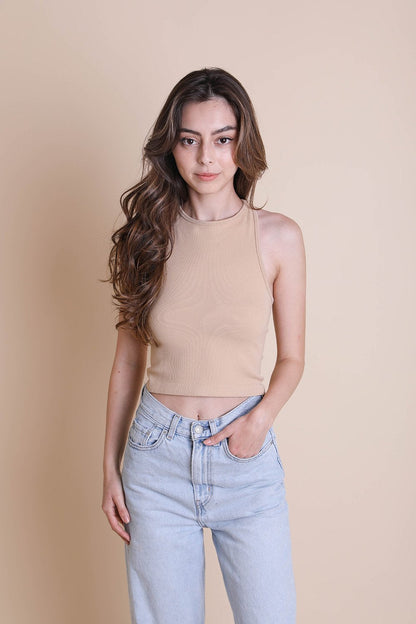 Leto Collection high neck racerback brami in beige with a cropped fit, perfect for casual wear