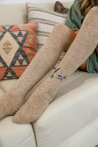 Leto Collection boho knee high socks in beige with decorative stitching for a cozy, stylish look