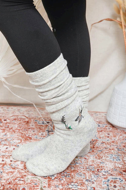 Leto Collection boho knee high socks in light gray with stylish embroidery for a trendy look