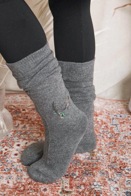 Leto Collection boho knee high socks in gray with decorative embroidery for cozy style