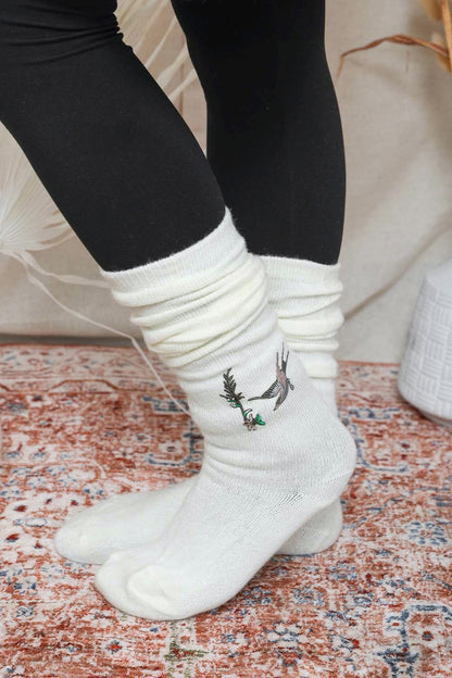 Leto Collection boho knee high socks in cream with bird and plant design for stylish comfort