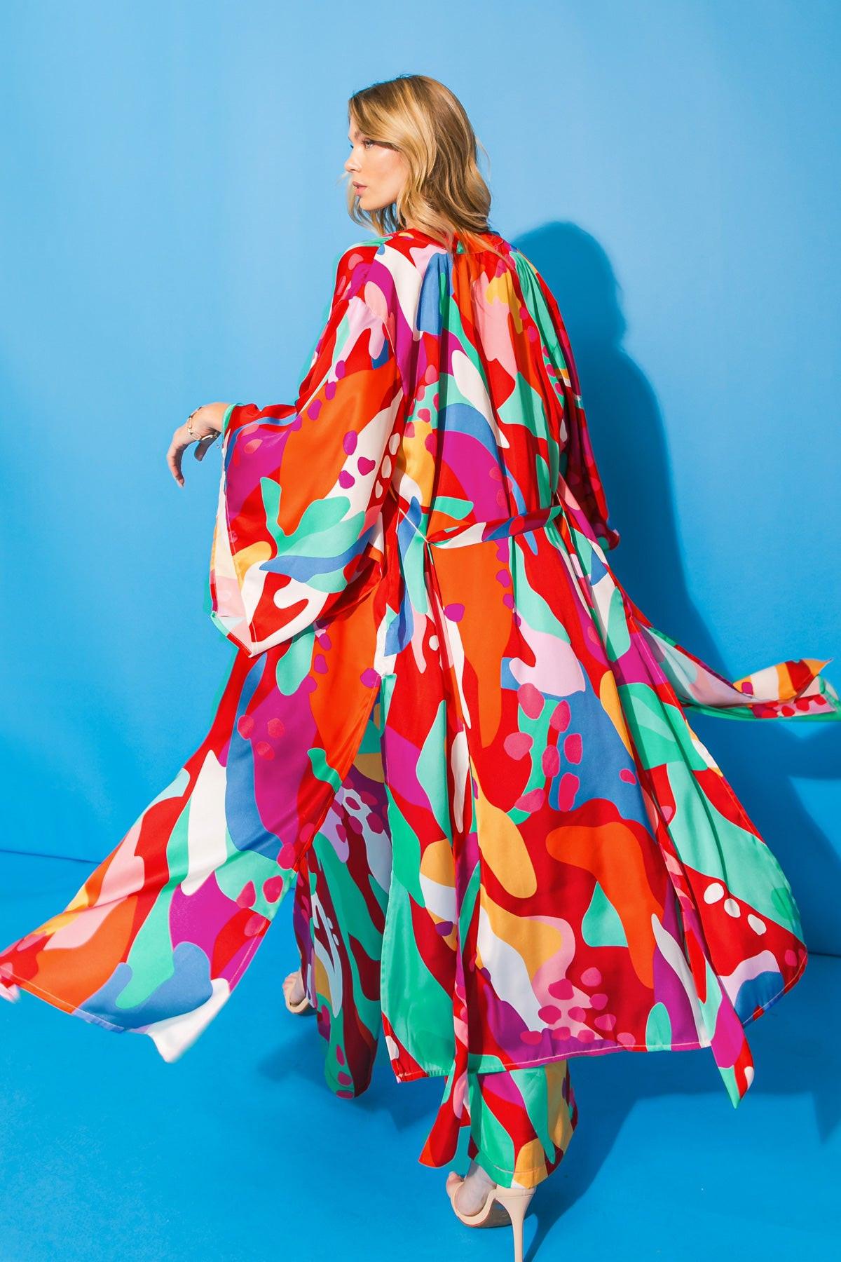 Cancun Getaway Satin Midi Kimono With Self Tie Belt Square Sleeve