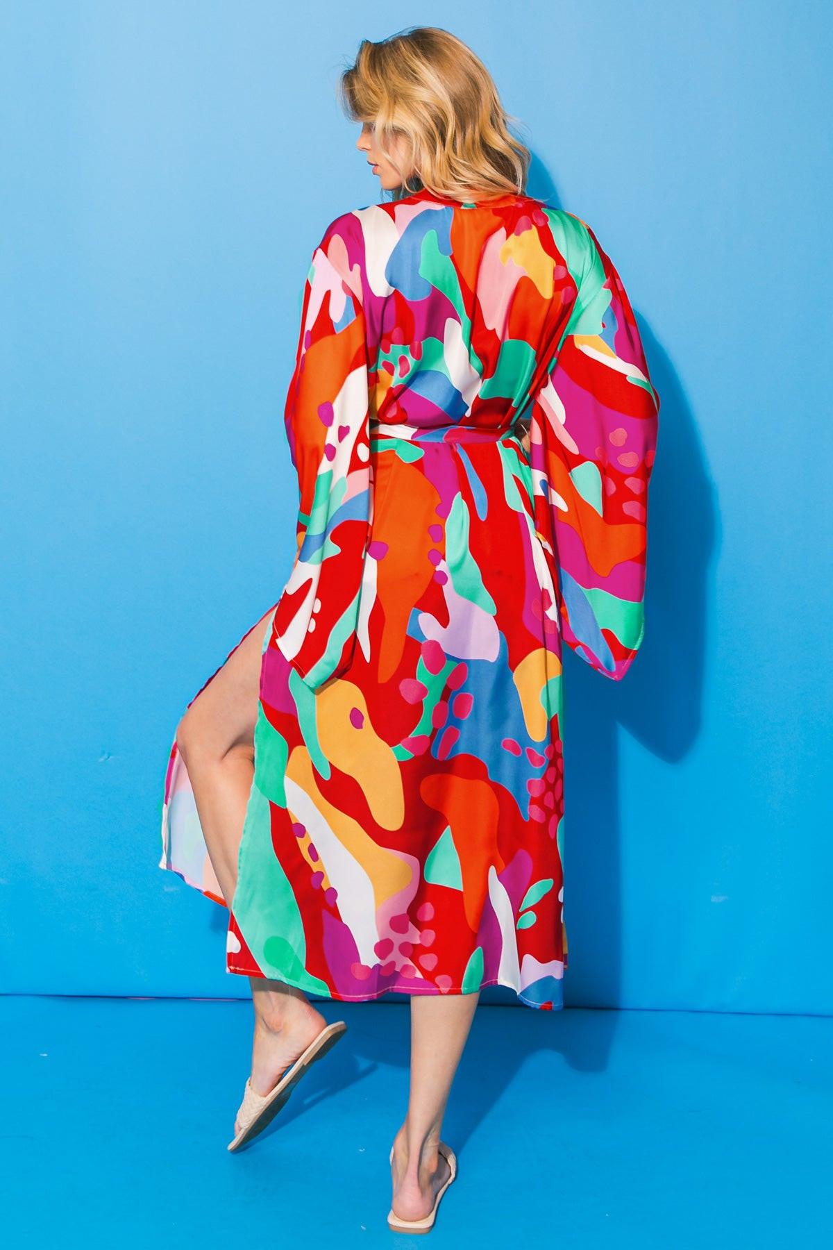 Cancun Getaway Satin Midi Kimono With Self Tie Belt Square Sleeve