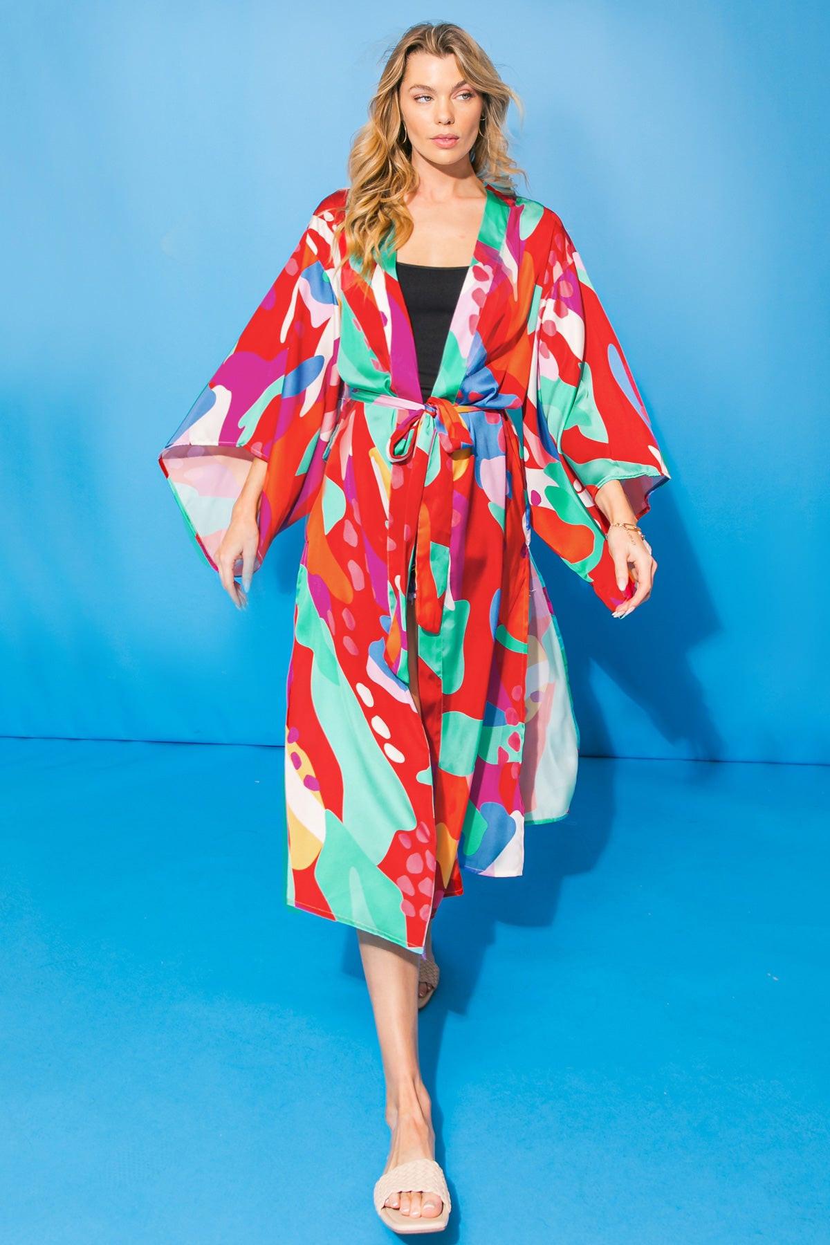Cancun Getaway Satin Midi Kimono With Self Tie Belt Square Sleeve
