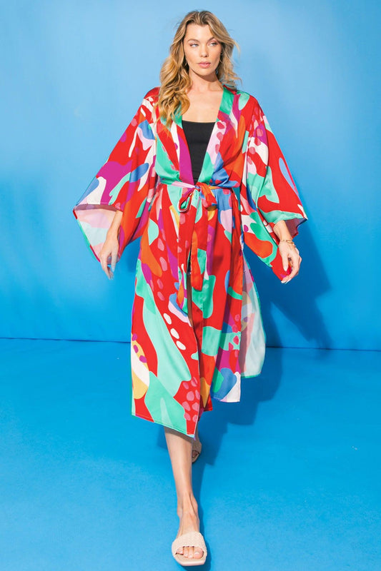 Cancun Getaway Satin Midi Kimono with Self Tie Belt Square Sleeve in 20red 20multi, view 203 — Soul Flow Apparel
