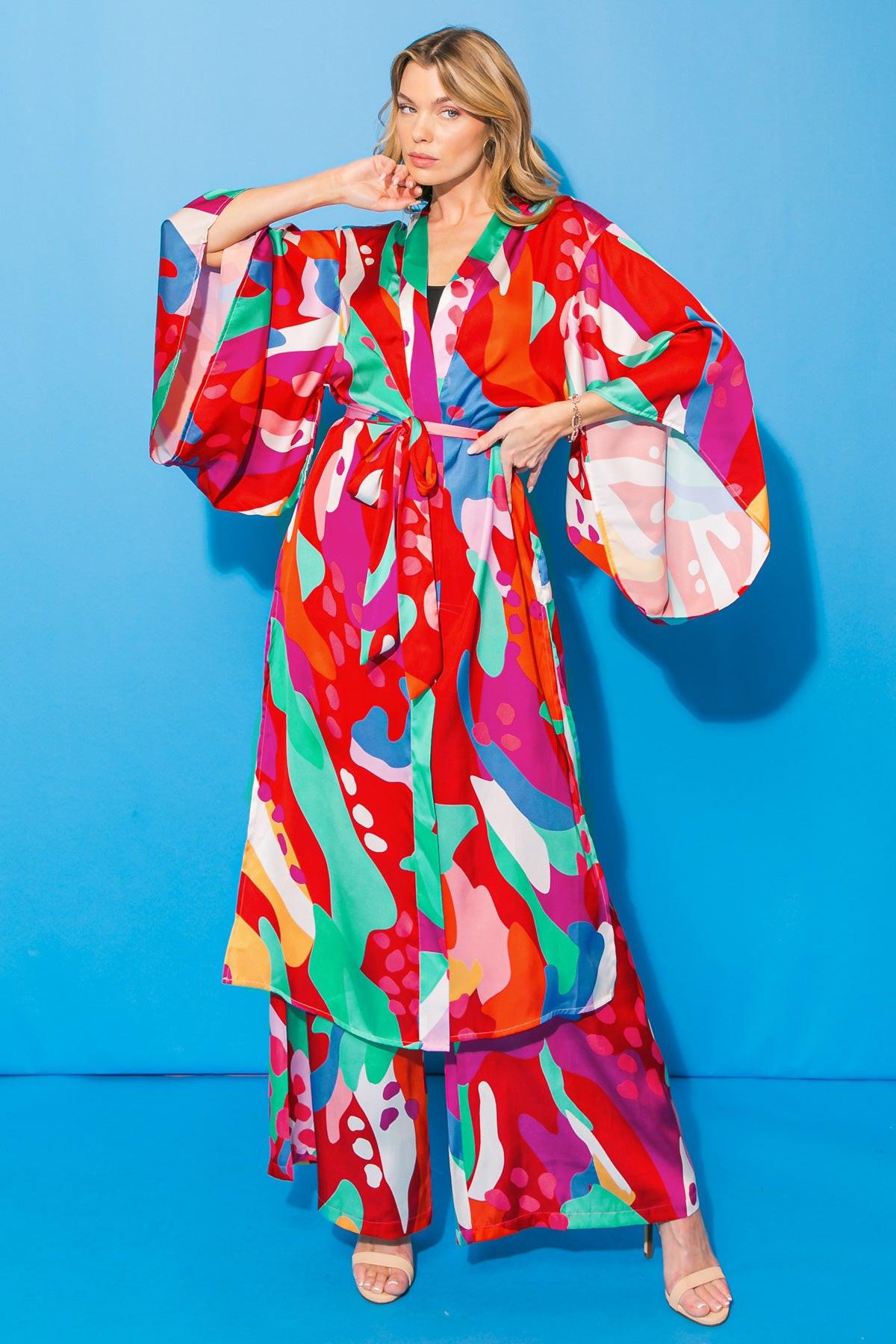 Cancun Getaway Satin Midi Kimono With Self Tie Belt Square Sleeve