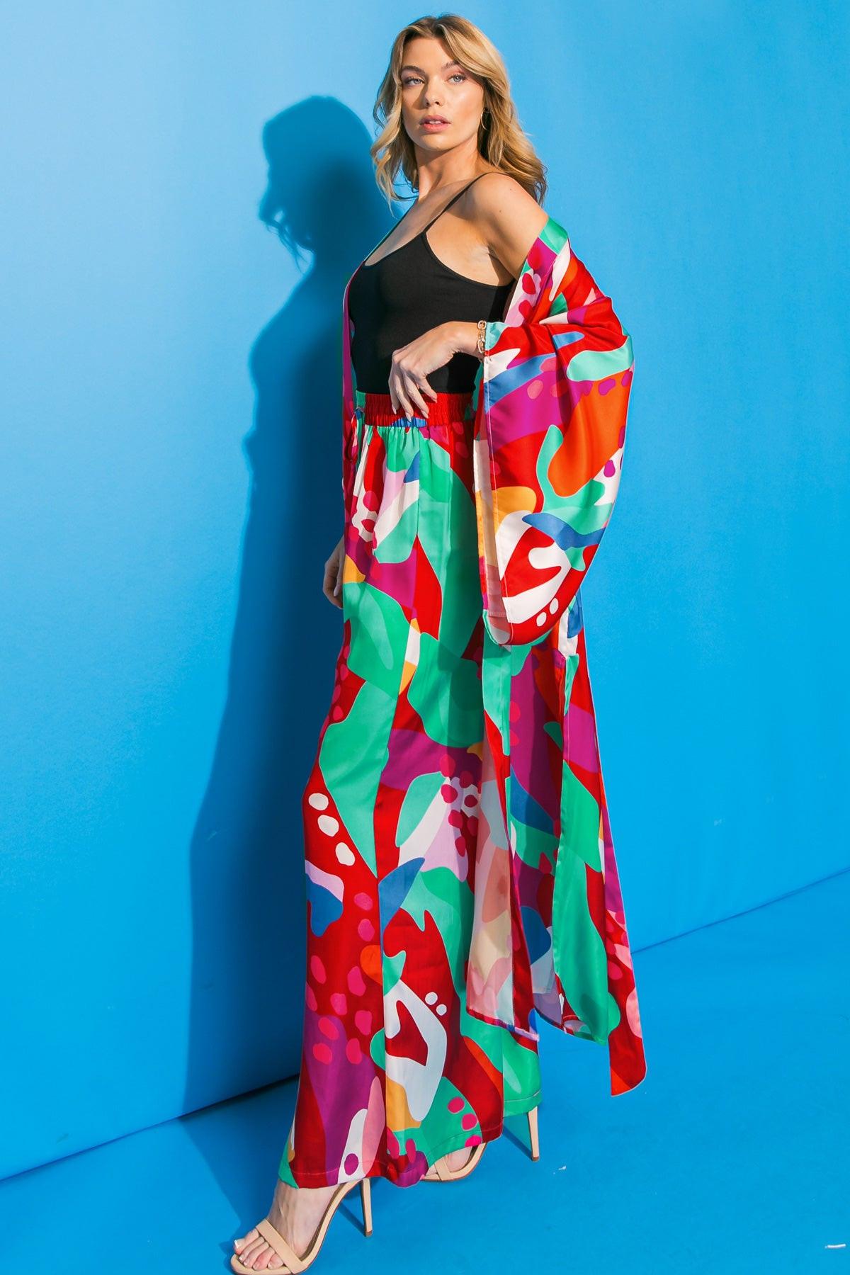 Cancun Getaway Satin Midi Kimono With Self Tie Belt Square Sleeve