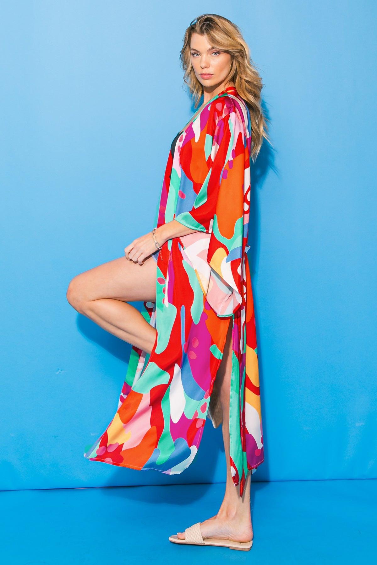 Cancun Getaway Satin Midi Kimono With Self Tie Belt Square Sleeve