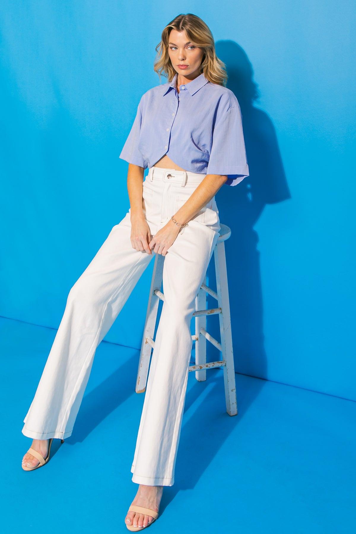 Made You Look Button Down Short Sleeve Cropped Shirt