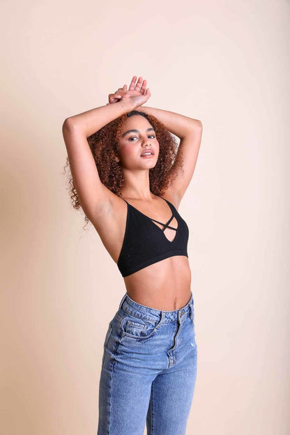 Leto Collection Boho Plunge Bralette in Black with a Stylish Crisscross Design