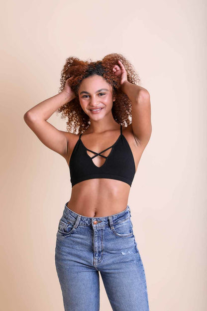 Leto Collection Boho Plunge Bralette in Black with Stylish Crisscross Design for Casual Wear