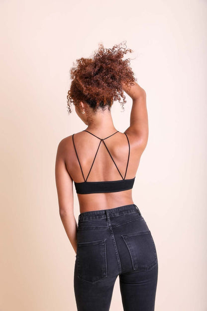 Leto Collection Black Bralette with Crisscross Back, a stylish boho crop top for women