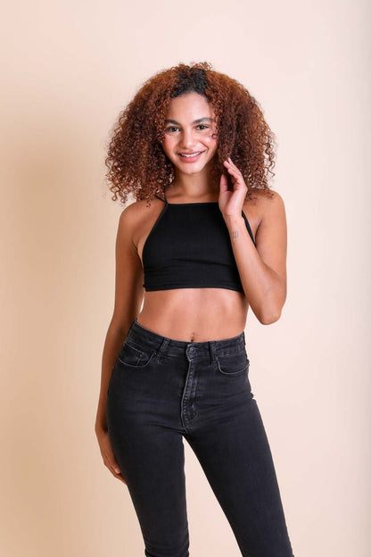 Leto Collection black bralette styled as a boho crop top for women, perfect for casual outfits