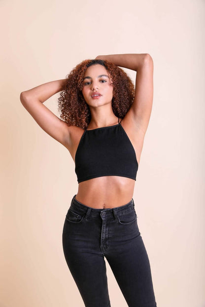 Leto Collection Black Bralette as a stylish boho crop top for women with a halter neck design