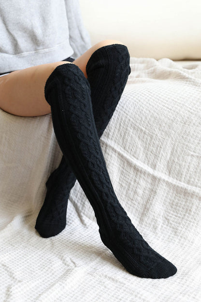 Leto Collection black knee high cable knit socks for stylish and cozy outfit pairing