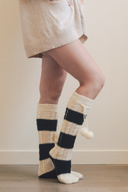 Soul Flow Apparel | Boho Knee High Striped Pom Socks