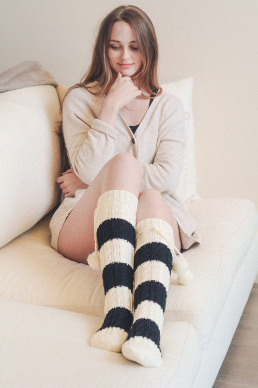 Soul Flow Apparel | Boho Knee High Striped Pom Socks