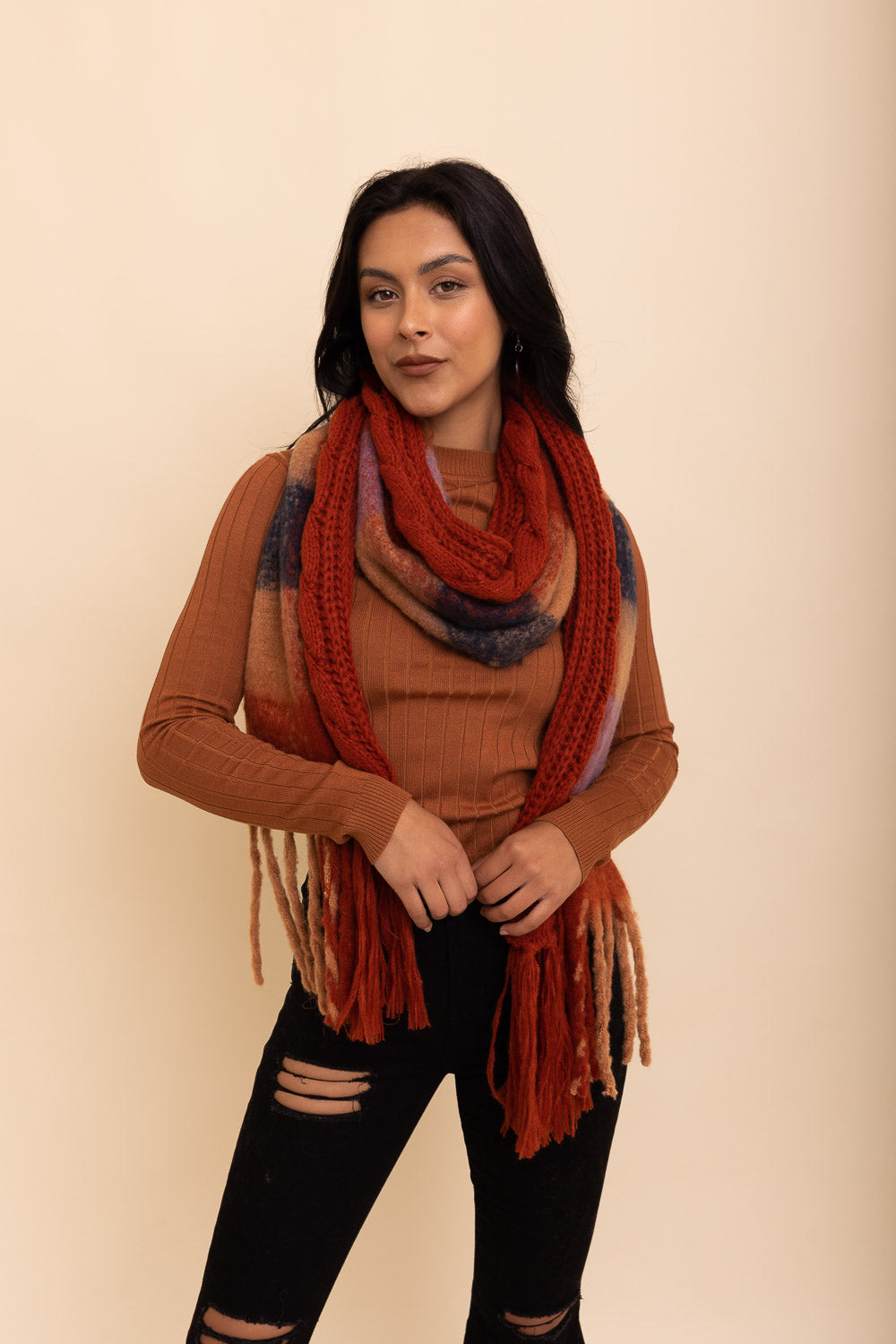 Knit Blend Tassel Trim Scarf-Soul Flow Apparel
