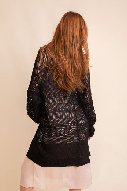 Leto Collection Boho Knit Cardigan in Black with Open Weave Design for a Cozy Layering Option