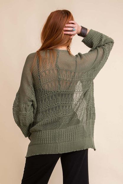 Leto Collection Boho Knit Cardigan in Olive Green with Open Knit Design and Relaxed Fit