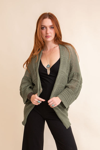 Leto Collection boho knit cardigan in olive green with open front and relaxed fit for layering