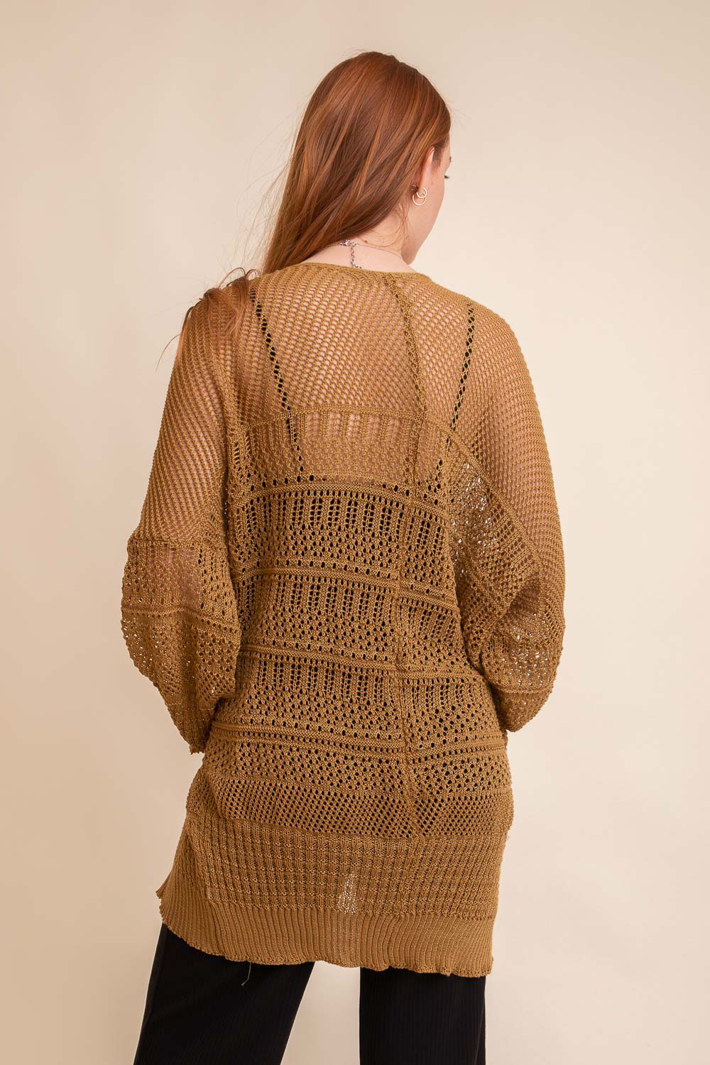 Leto Collection boho knit cardigan in earthy tones with loose knit design for a relaxed look