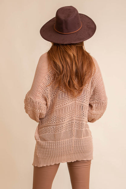 Leto Collection boho knit cardigan in light beige with a loose fit and balloon sleeves